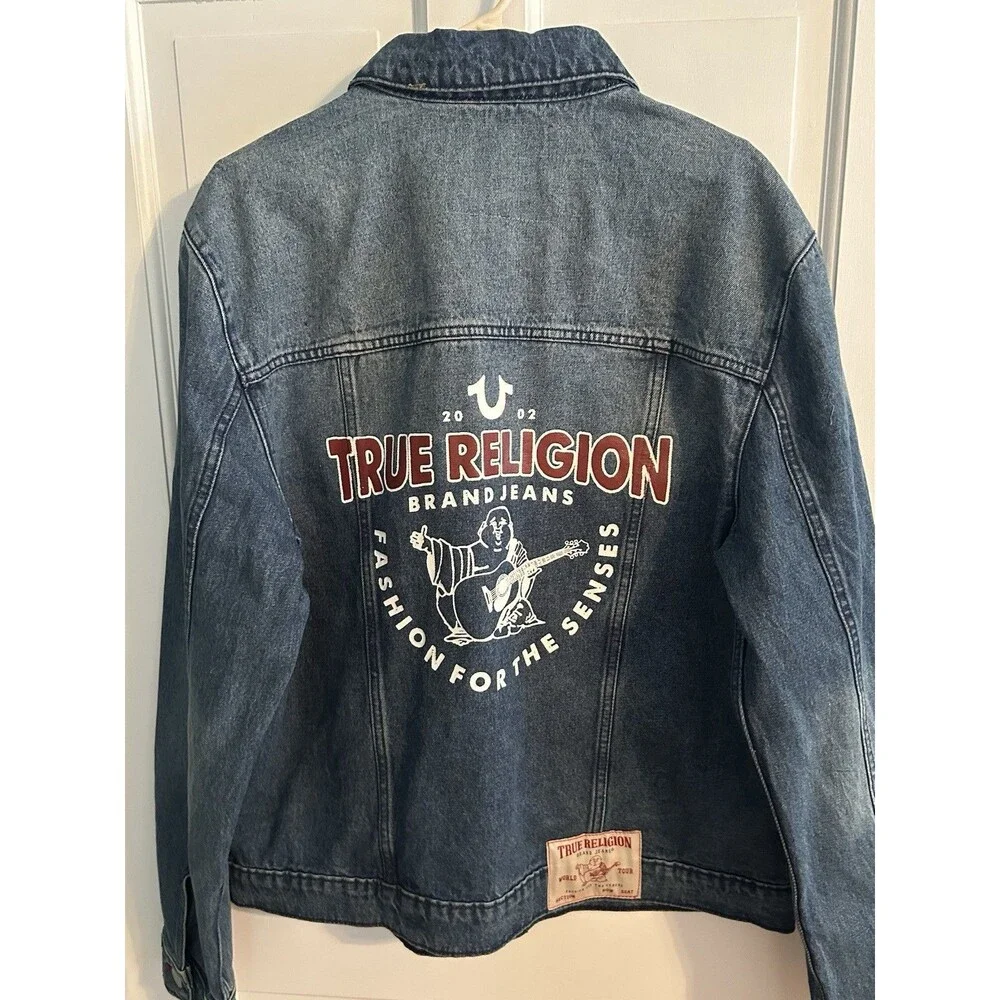 True Religion JESSE SN Patch Trucker Jacket Light Blue Denim LARGE -NWT!